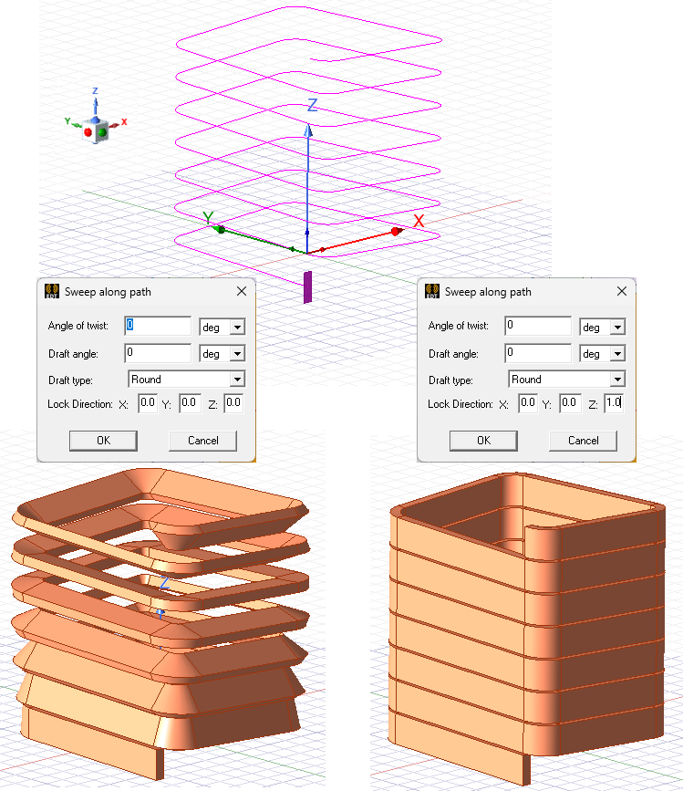 Sweep Along a path for a coil without lock direction results in twisted coil; coil with a lock direction in the Z axis results in the side faces oriented normal to the Z axis.