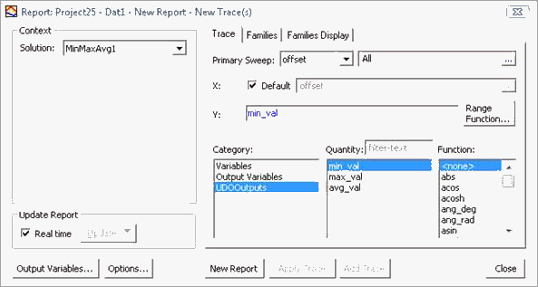 Report Dialog box, UDO Output catagory listed.