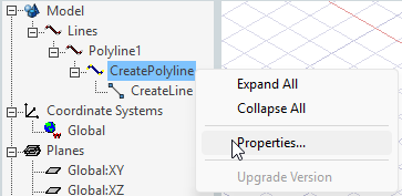 CreatePolyline shortcut menu. Properties highlighted.