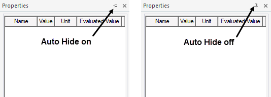 Two properties windows. In the first window, an arrow points at a verticle pin, the text reads Auto Hide Off. In the second window, an arrow points at a horizontal pin, the text reads Auto Hide On.