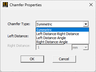 Chamfer properties dialog. Chamfer Type dropdown menu expanded. Left Distance Angle selected.