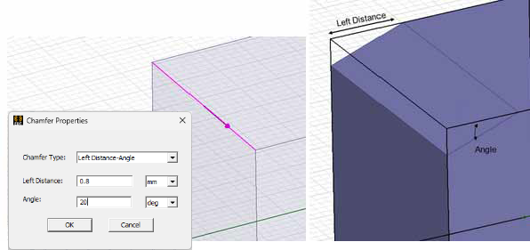 Model of 3D object with specified left distance angle chamfer.