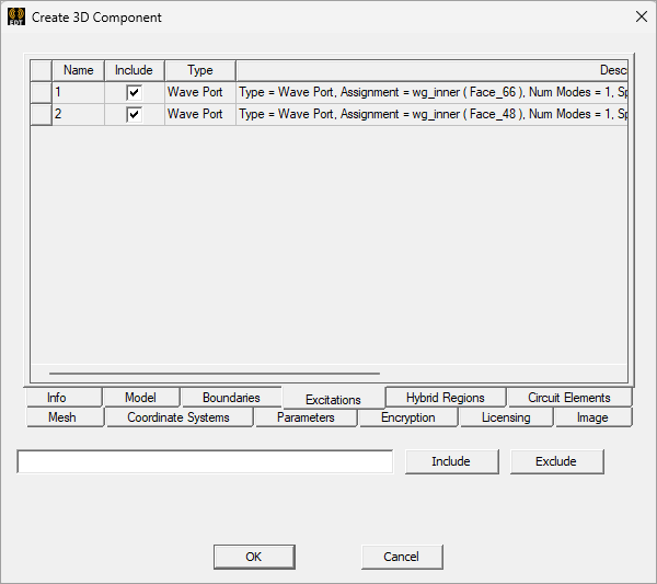 Create a 3D Component dialog. Excitations tab.