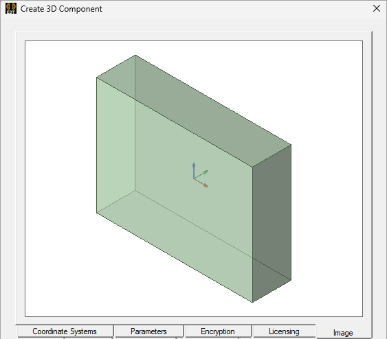 Create 3D Component dialog. Image tab displaying model outline.