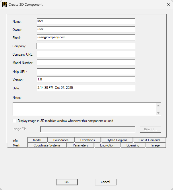 Create 3D Component dialog. Info tab.