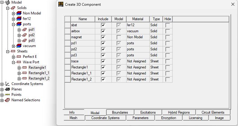 Create a 3D Component dialog. Model tab.