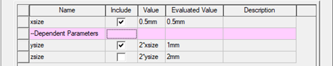 Create  3D Component dialog. Parameters tab, Dependent Parameters list highlighted.