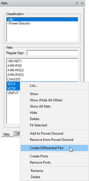 Create Differential Pairs highlighted in menu