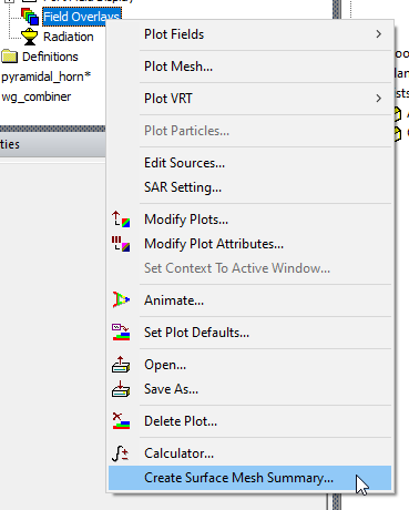 Field Overlays shortcut menu, Create Surface Mesh Summary option highlighted.