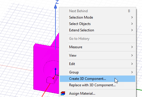 Right-click menu, Create 3D Component option highlighted.