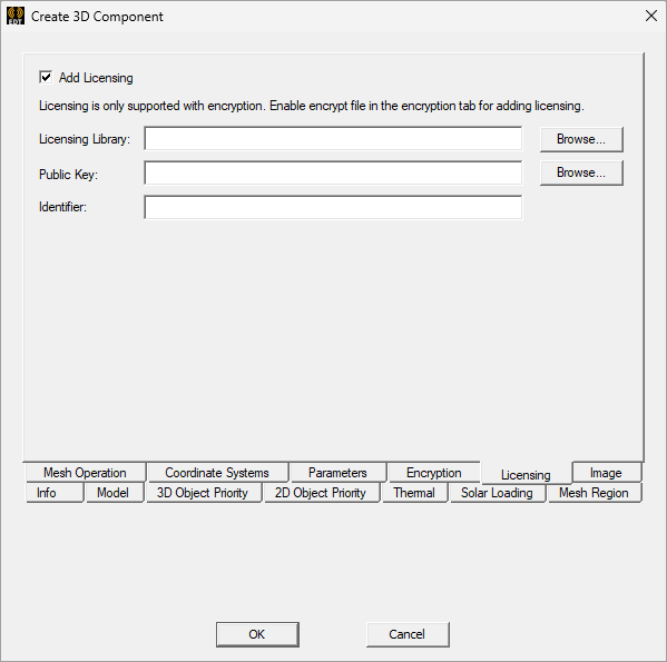 Create 3D Component dialog. Licensing tab.