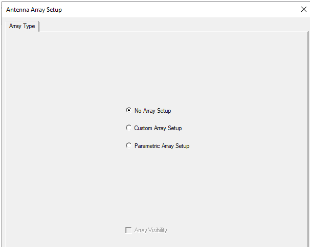 Antenna Array Setup dialog, No Array Setup option enabled.