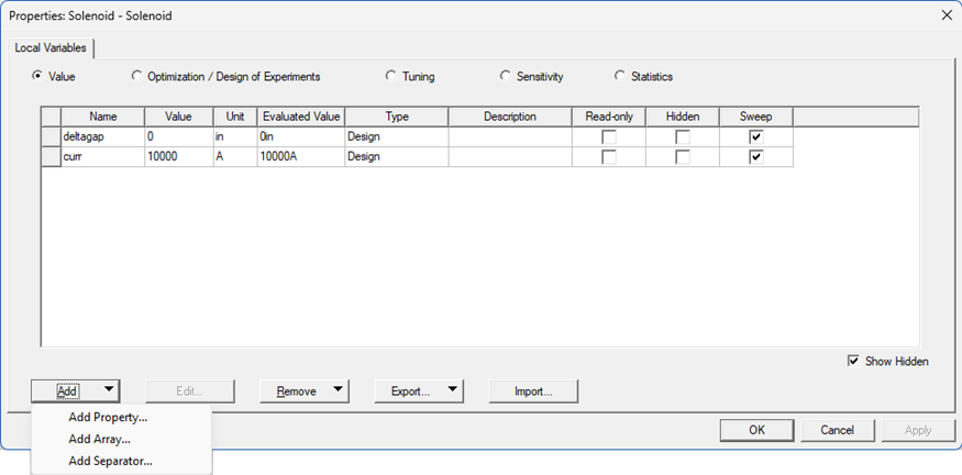 Properties window, Local Variables tab.