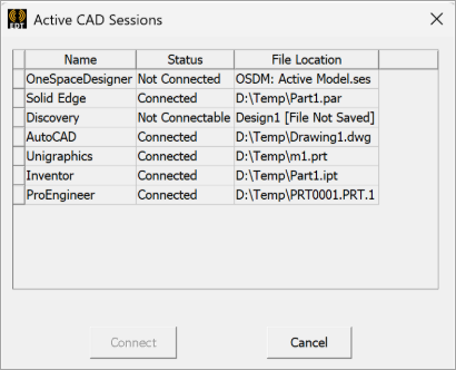 Active Discovery Sessions dialog box. Name, Status, and File Location listed