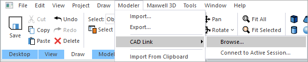 Modeler menu, CAD Link option highlighted, Browse selected.