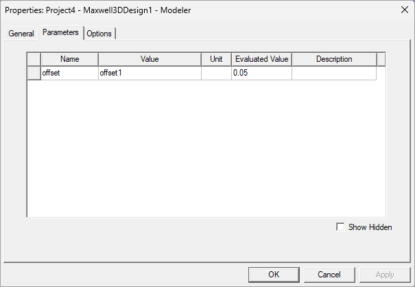 Properties dialog box. Parameters tab.