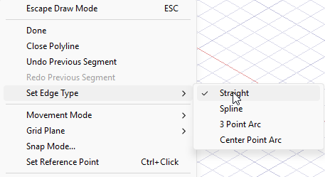 Shortcut menu, Set Edge Type option expanded, 3 Point Arc option highlighted.