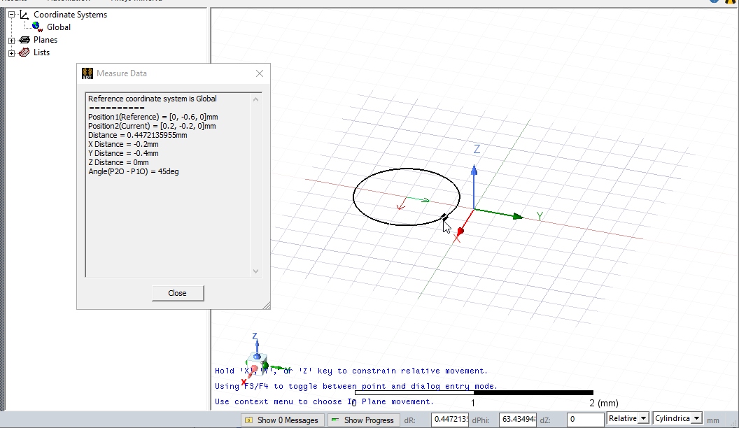 Modeler window. Mouse pointer on a point on a circle circumference.