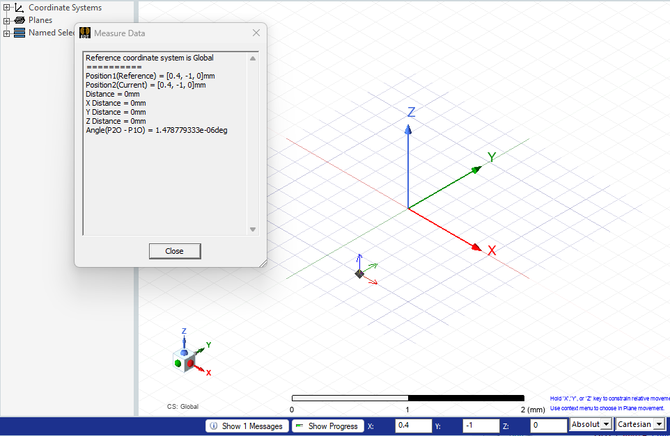 Modeler window, mouse pointer on a point. Measure Data dialog.
