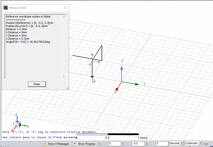 Modeler window, mouse pointer on a point. Measure Data dialog.
