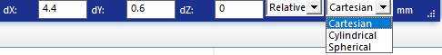 Status bar. Coordinate drop-down menu. Spherical option highlighted.