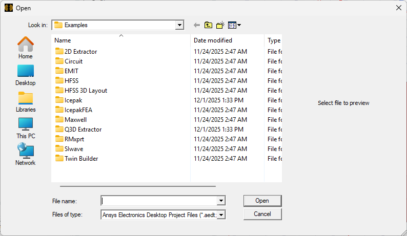 Example Projects shown in the Ansys File Explorer Window