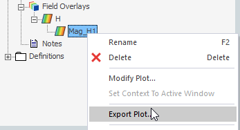 Field shortcut menu, Export Plot option highlighted.