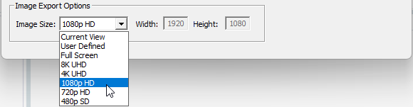 Image Size drop-down menu. 1080HD Selected.
