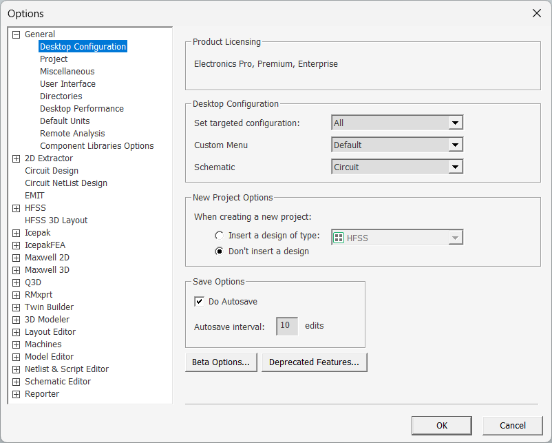 General Options General Options, Desktop Configuration highlighted.