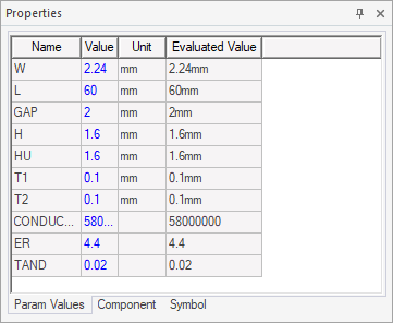 Param Values tab in the Property window of AEDT. Lists the simulation paramenters in tabular format. 