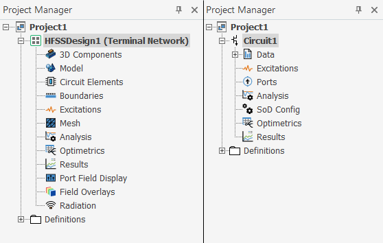 Two project manager windows, both displaying project trees.