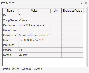The General tab in the Property Window of AEDT. Lists the ID, symbol name, reference designator, and other data in tabular format. 