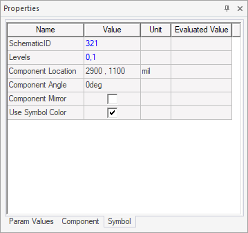 Symbol tab in the Properties window of AEDT. Information of modifiable attributes listed in tabular format. 