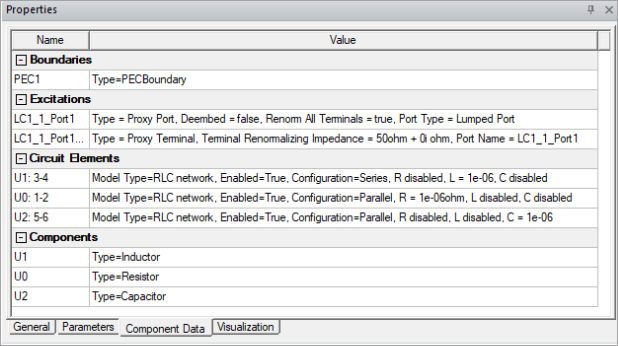 Properties window, Component Data tab.