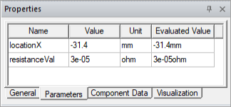 Properties window. Parameters tab.