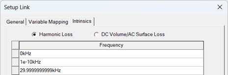 Icepak EM loss setup link dialog box intrinsics tab, frequency displayed.