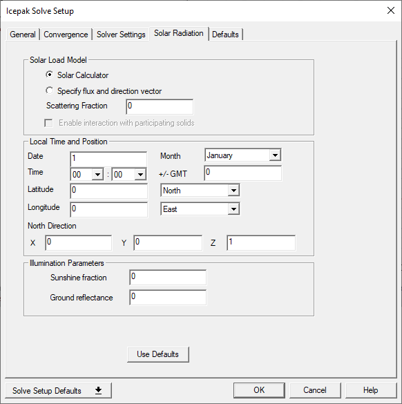 Icepak Solve Setup dialog box Solar Radiation tab.
