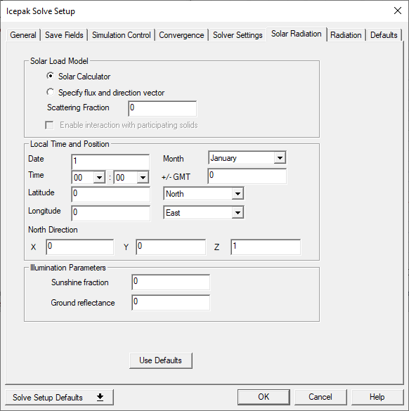 Icepak transient Solve Setup dialog box, Solar Radiation tab displayed.