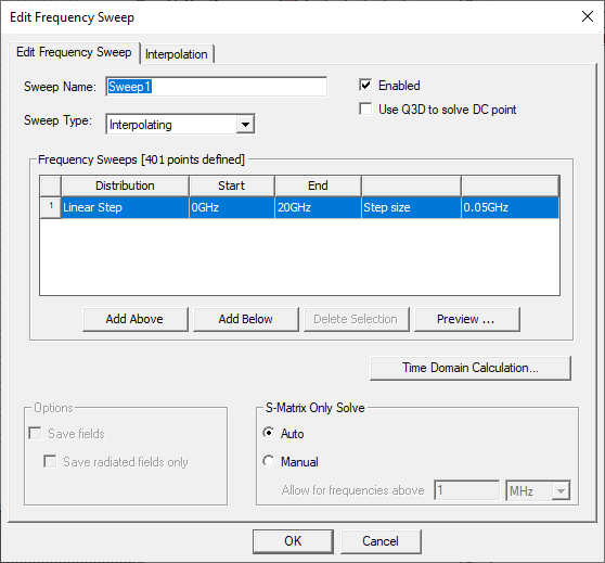 Edit Frequency Sweep Window