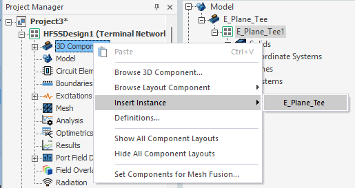 3D Components right-click menu. Insert Instance option highlighted.