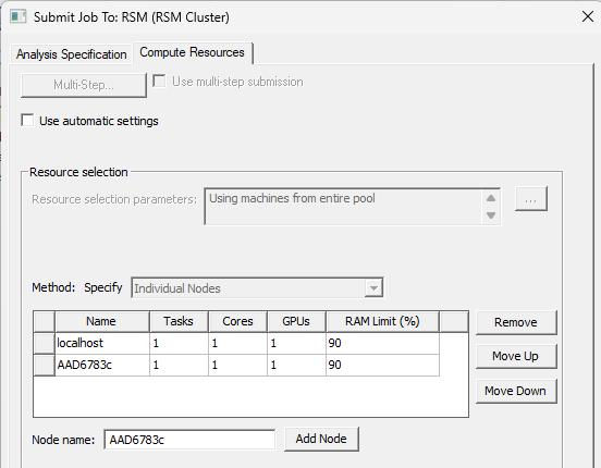 Submit Job To window, Compute Resources tab, Individual Notes method specified, localhost listed first. 