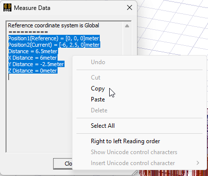 Measure Data dialog. Copy option highlighted.
