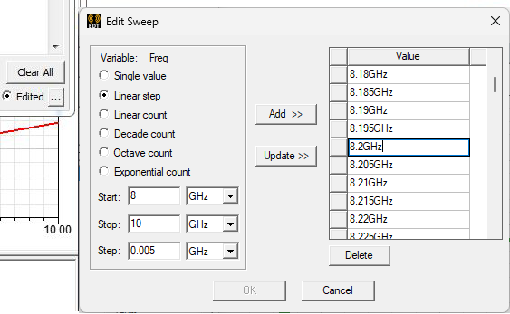 Edit Sweep dialog