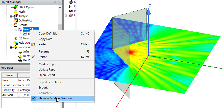 Near Field plot shortcut menu, Show in Modeler Window highlighted. Plot overlayed in model.