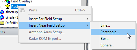 Radiation shortcut menu, Insert Near Field Setup option expanded, Rectangle selected.
