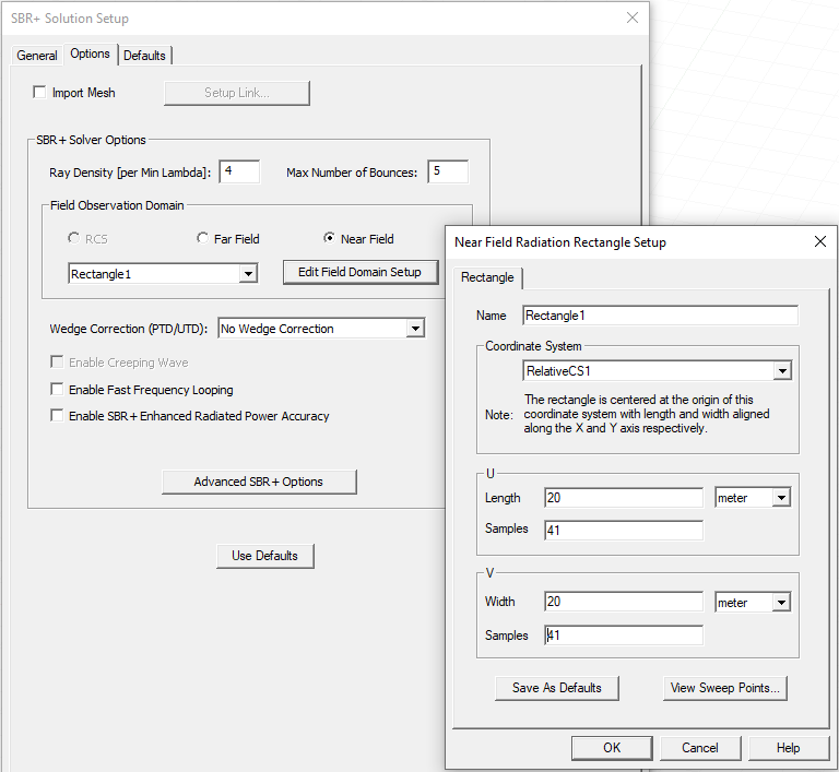 SBR+ Solution Setup, Options tab. Near FIled Radiation Rectanle Setup.