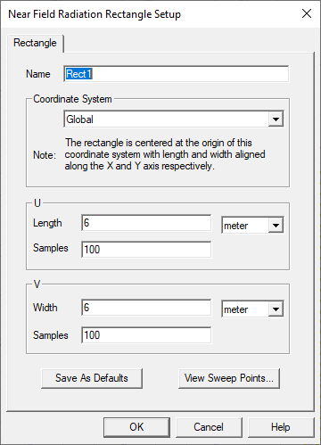 Near Field Radiation Rectangle Setup dialog.