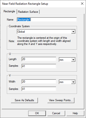 Near Field Radiation Rectangle Setup dialog. Rectangle tab.