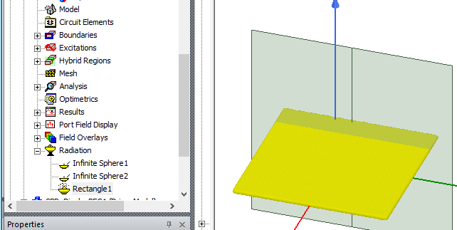 Project Tree, Radiation folder expanded. Rectangle selected, dispalyed in modeler window.