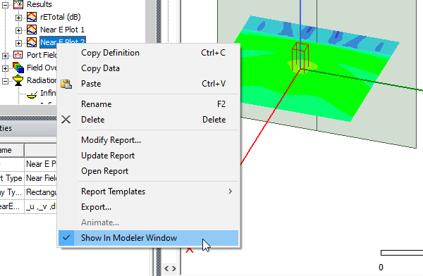 Results folder expanded, Near E Plot 2 shortcut menu, Show in Modeler Window option highlighted.